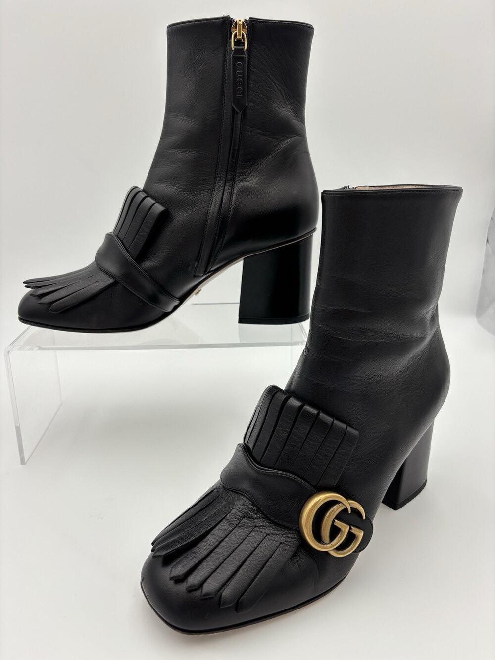 Gucci Marmont Ankle Boots Black Leather Size 38 / 8 Fringe GG Block Heel